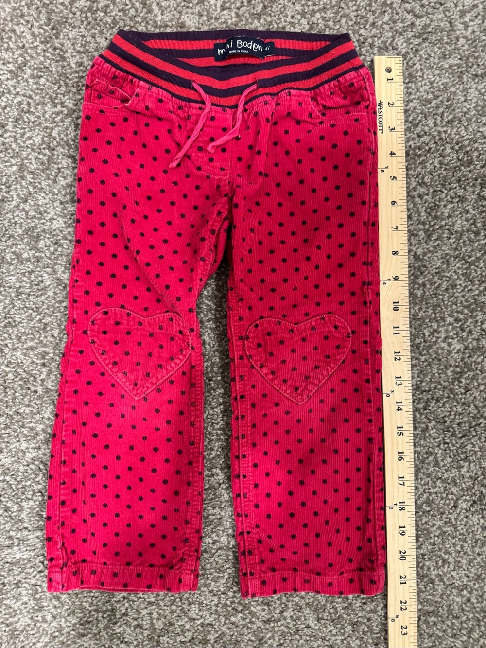 Mini Boden Toddler Girl Pink Polka Dot Heart Knee Corduroy Pants